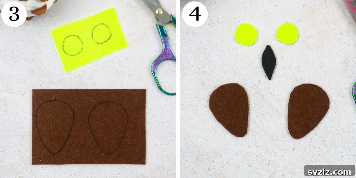 Winter Wonderland Owl Project 5 Steps 3-4 of creating an Adorable Snowy Owl Craft, illustrating the felt drawing and cutting process for wings, eyes, and beak