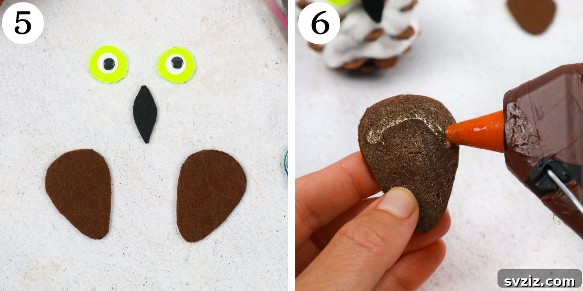 Winter Wonderland Owl Project 6 Steps 5-6 of making a Quick Snowy Owl Craft, detailing eye assembly and the application of glue to felt features