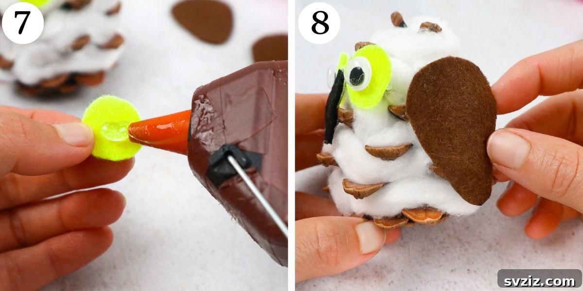 Winter Wonderland Owl Project 7 Steps 7-8 of creating an Easy Snowy Owl Craft, showing the attachment of eyes, beak, and wings to the pinecone body