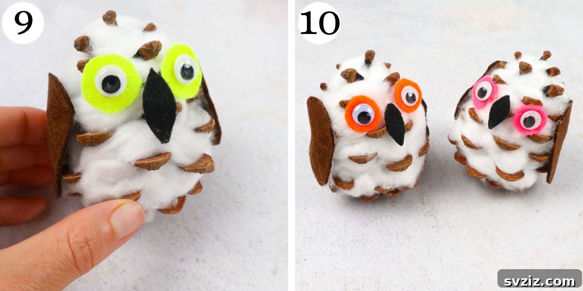 Winter Wonderland Owl Project 8 Steps 9-10 of finishing a Beautiful Snowy Owl Craft, showcasing the completely assembled and charming owl