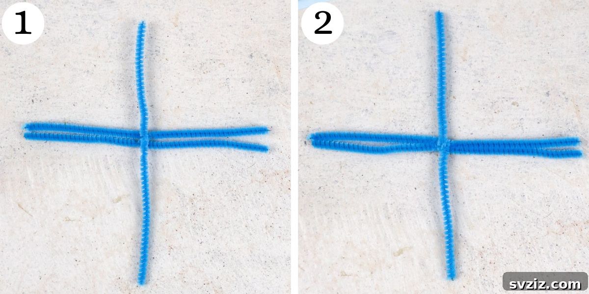Sweet Pipe Cleaner Snowflakes Steps 1-2 demonstrating base creation