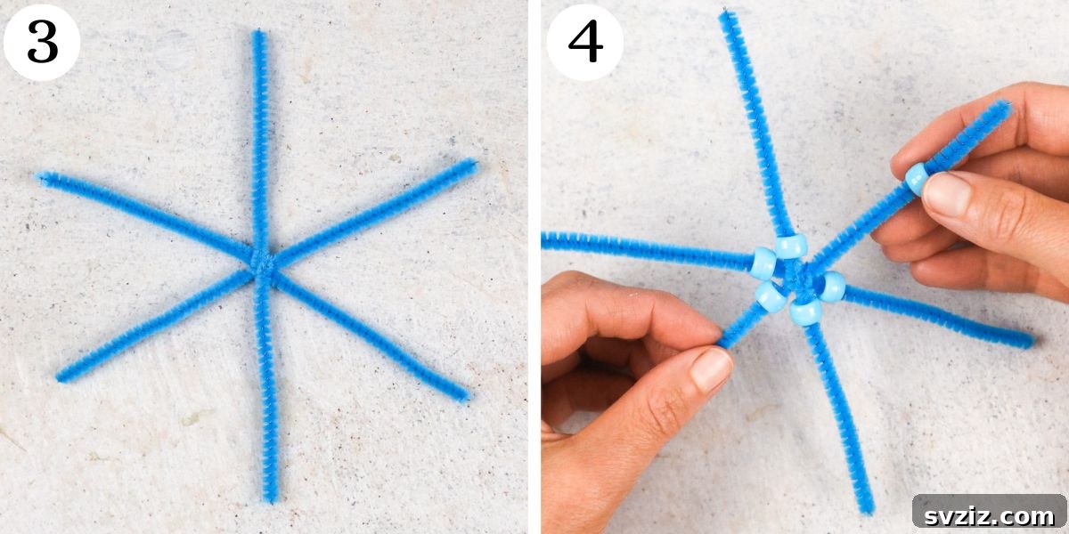 Adorable Pipe Cleaner Snowflakes Steps 3-4 showing initial beading