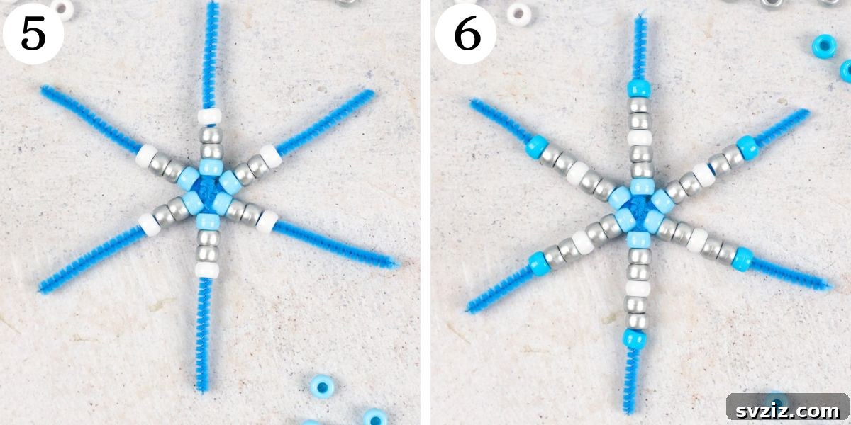 Easy Pipe Cleaner Snowflakes Steps 5-6 demonstrating bead patterns