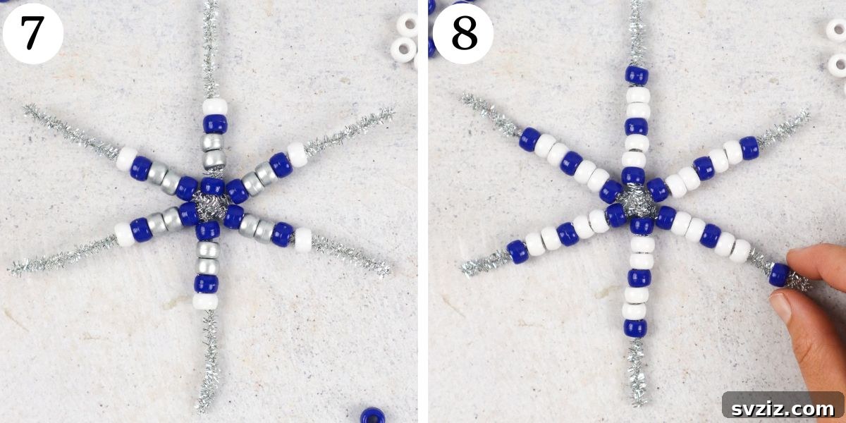 Charming Pipe Cleaner Snowflakes Steps 7-8 showing securing beads