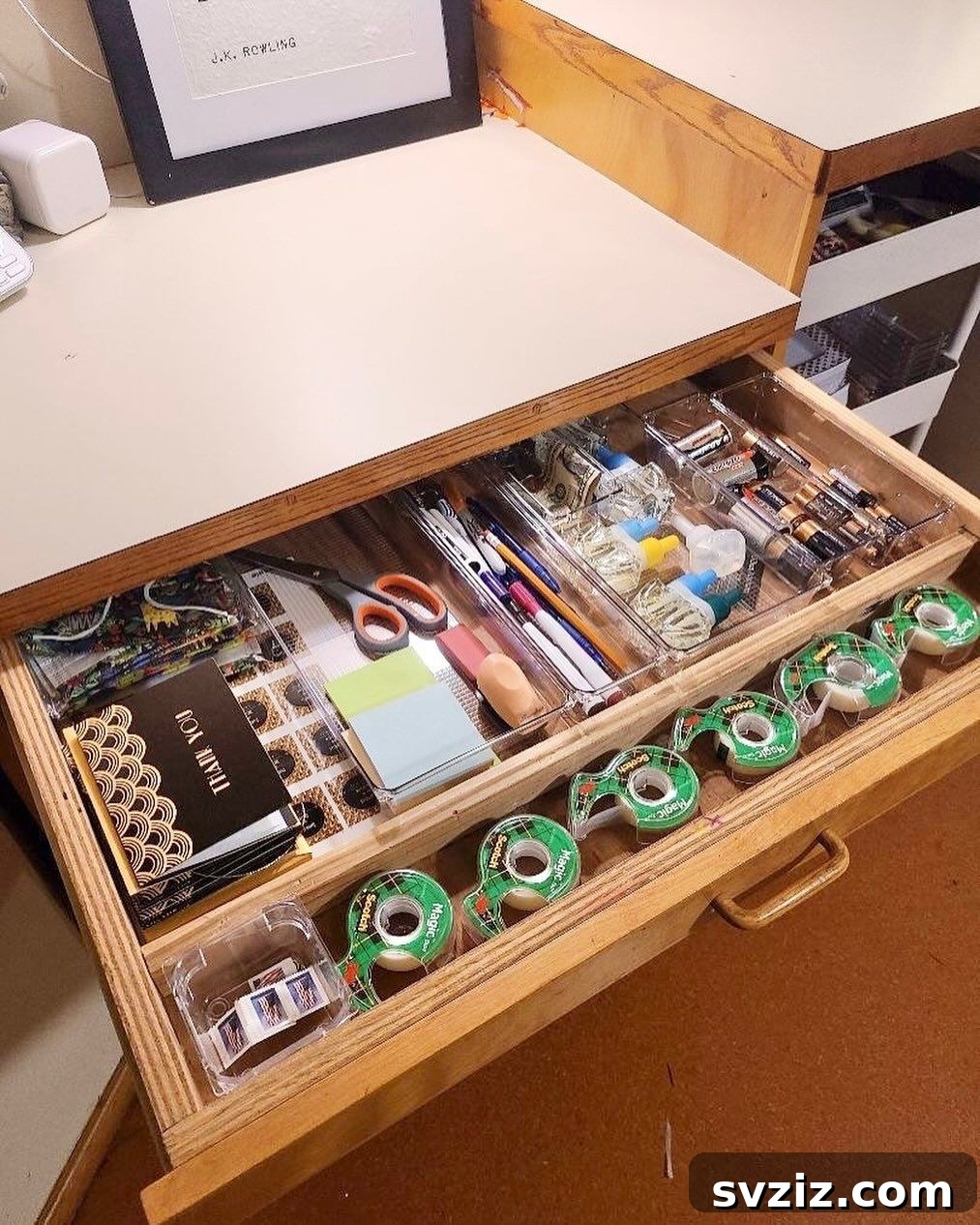 25 Genius Desk Drawer Organization Tips 15 Desk drawer with custom built-in wooden organizers for office supplies