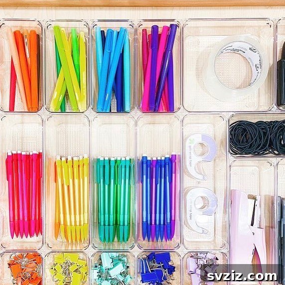 25 Genius Desk Drawer Organization Tips 16 Desk drawer organized with color-coded stationery and accessories