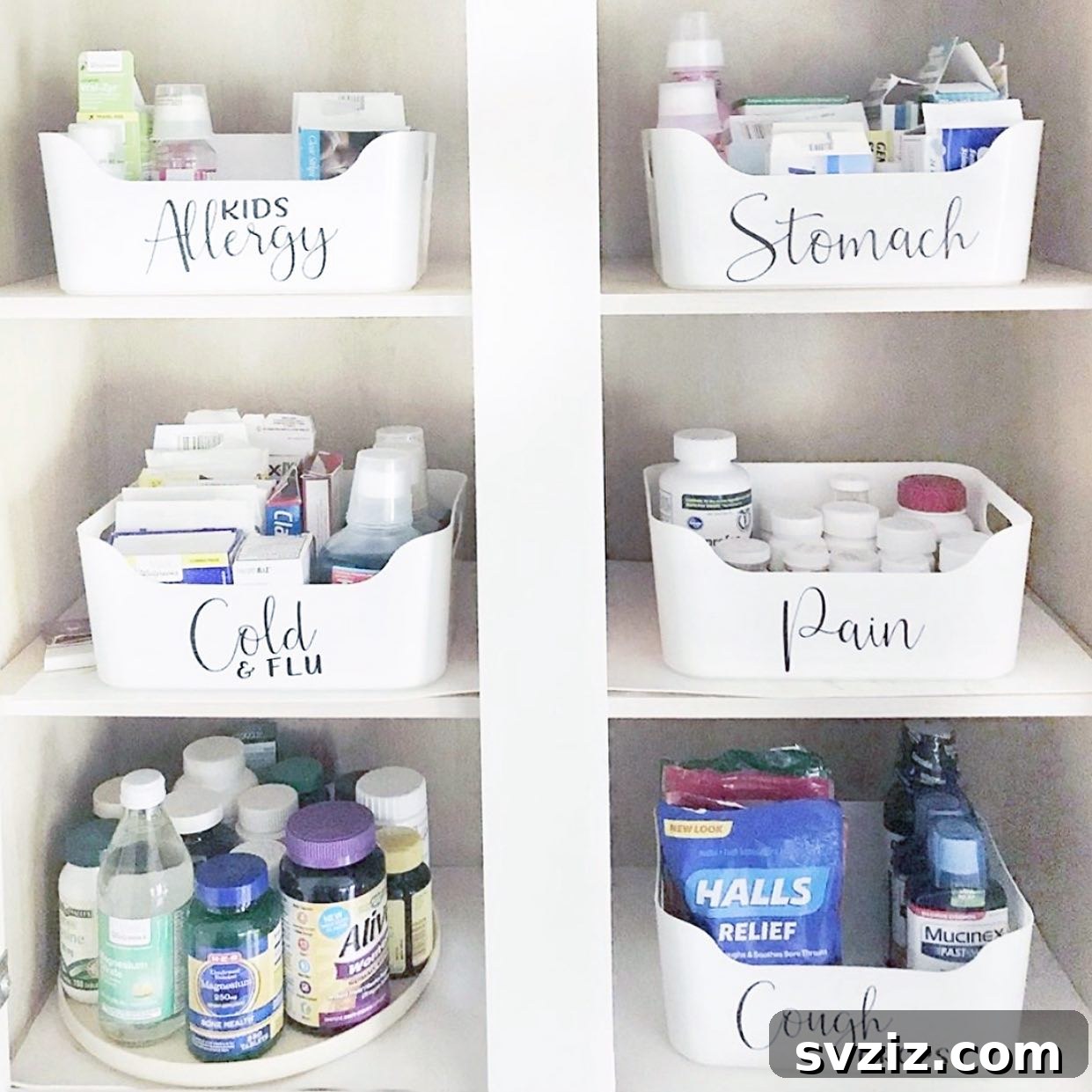 Smart Ways to Organize Your Medicine Cabinet 11 9. White Bins, Stylish Labels