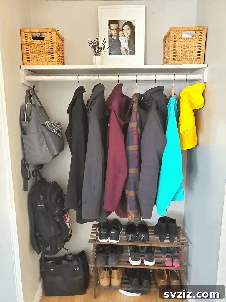 Entryway Closet Organization with Shelf and Hanging Rod