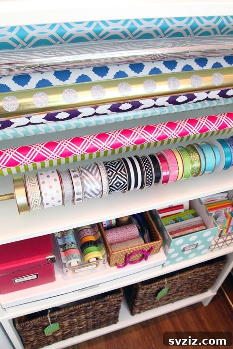 21 Brilliant Organizing Stations to Declutter Your Entire Life 8 Organized gift wrapping station with ribbons, paper, and tags
