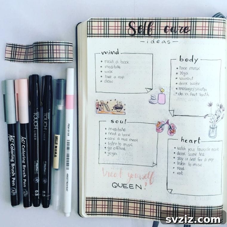 Self-Care Ideas Bullet Journal with Washi Tape Edges