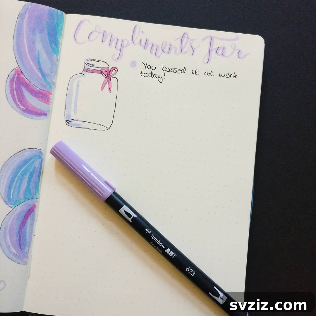 Compliment Keeper Bullet Journal Spread for Positive Affirmations