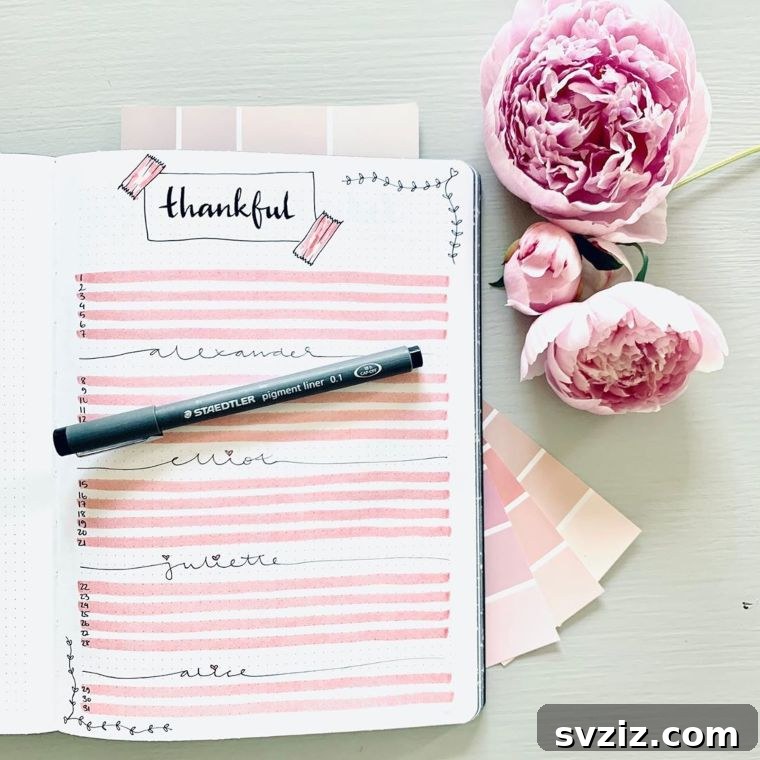 Gratitude List Bullet Journal Spread with Pink Theme