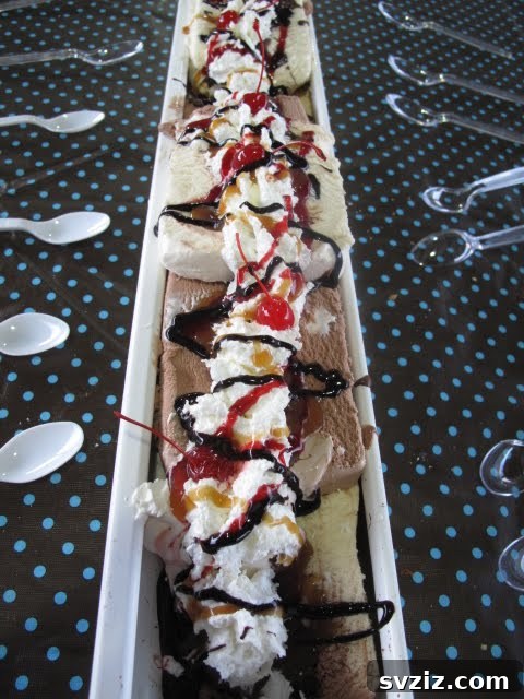 Giant banana split in a rain gutter