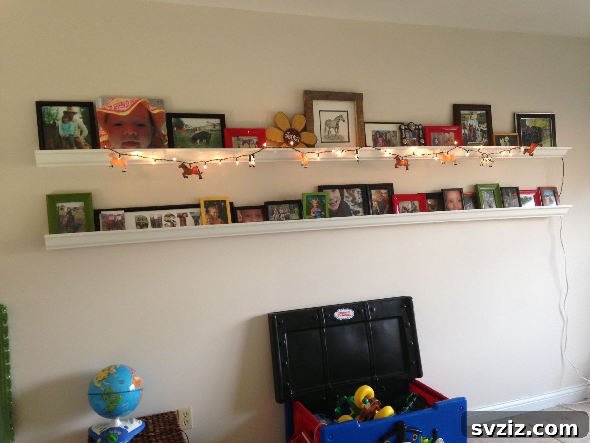 Rain gutter photo shelves with fairy lights