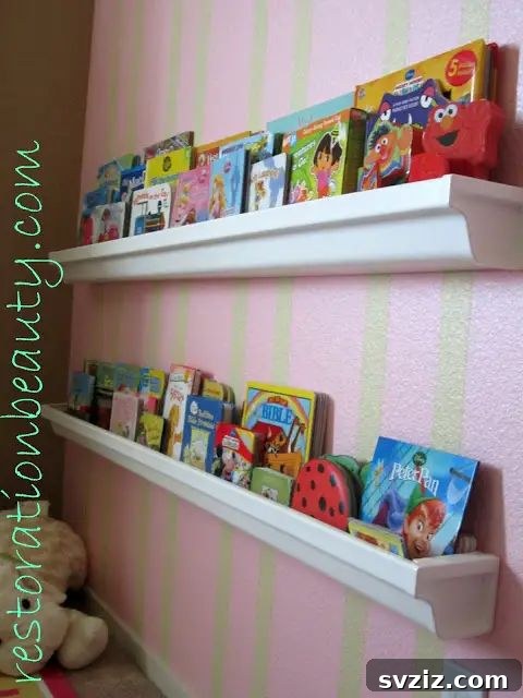 Kids bookshelves made from plastic rain gutters