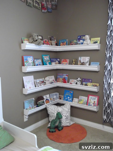 Rain gutter corner shelves for a reading nook
