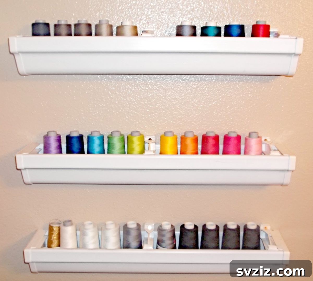 Rain gutter thread storage solution