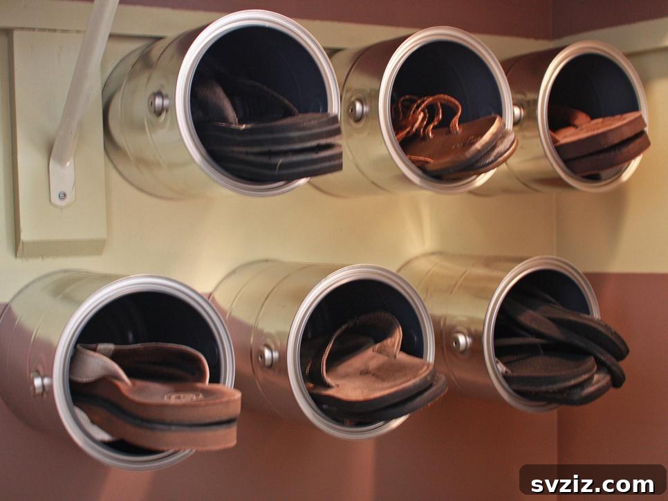 Smart Hacks for Repurposing Paint Cans 3 1. Upcycled Paint Can Shoe Storage