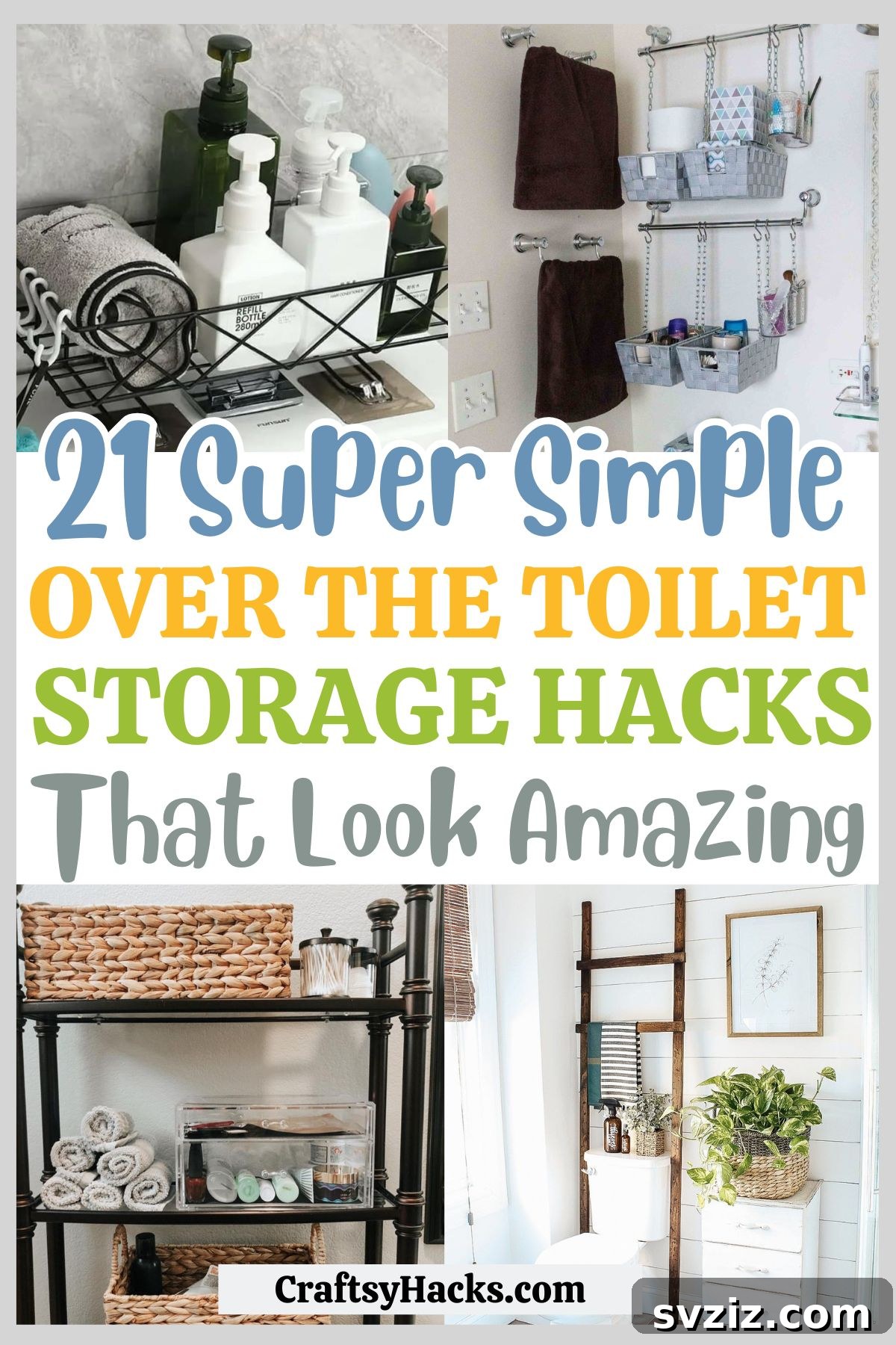 21 Smart Ways to Utilize the Space Above Your Toilet 2 Diverse over-the-toilet storage and organization ideas featuring shelves, cabinets, and baskets.