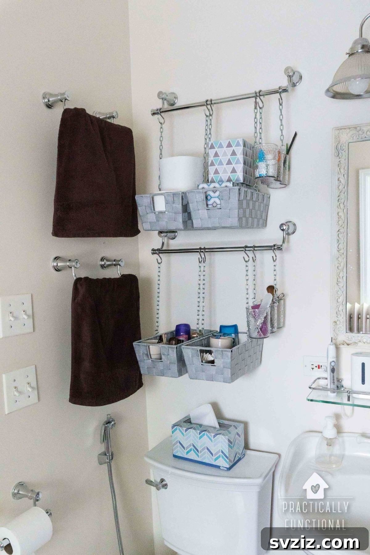 21 Smart Ways to Utilize the Space Above Your Toilet 16 Creative DIY hanging storage bins above a toilet for organized essentials.