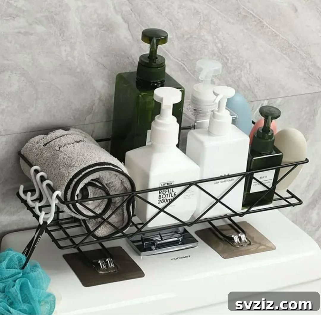 21 Smart Ways to Utilize the Space Above Your Toilet 6 Stylish iron bathroom caddy holding small toiletries above a toilet.