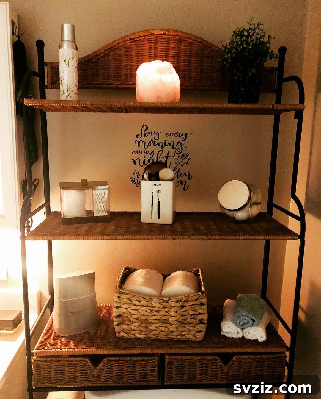 21 Smart Ways to Utilize the Space Above Your Toilet 7 Bohemian-style bathroom with rattan shelves above the toilet.