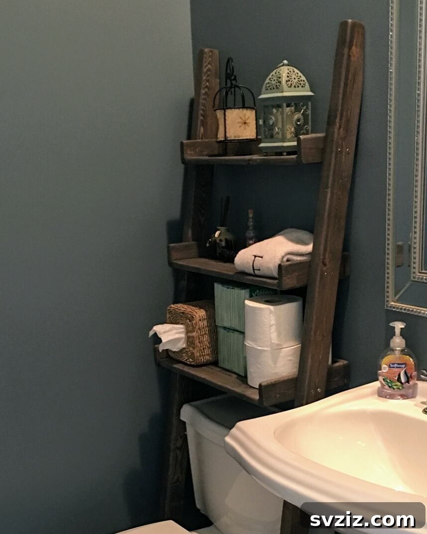21 Smart Ways to Utilize the Space Above Your Toilet 8 Stylish leaning ladder shelf with storage items in a small bathroom.