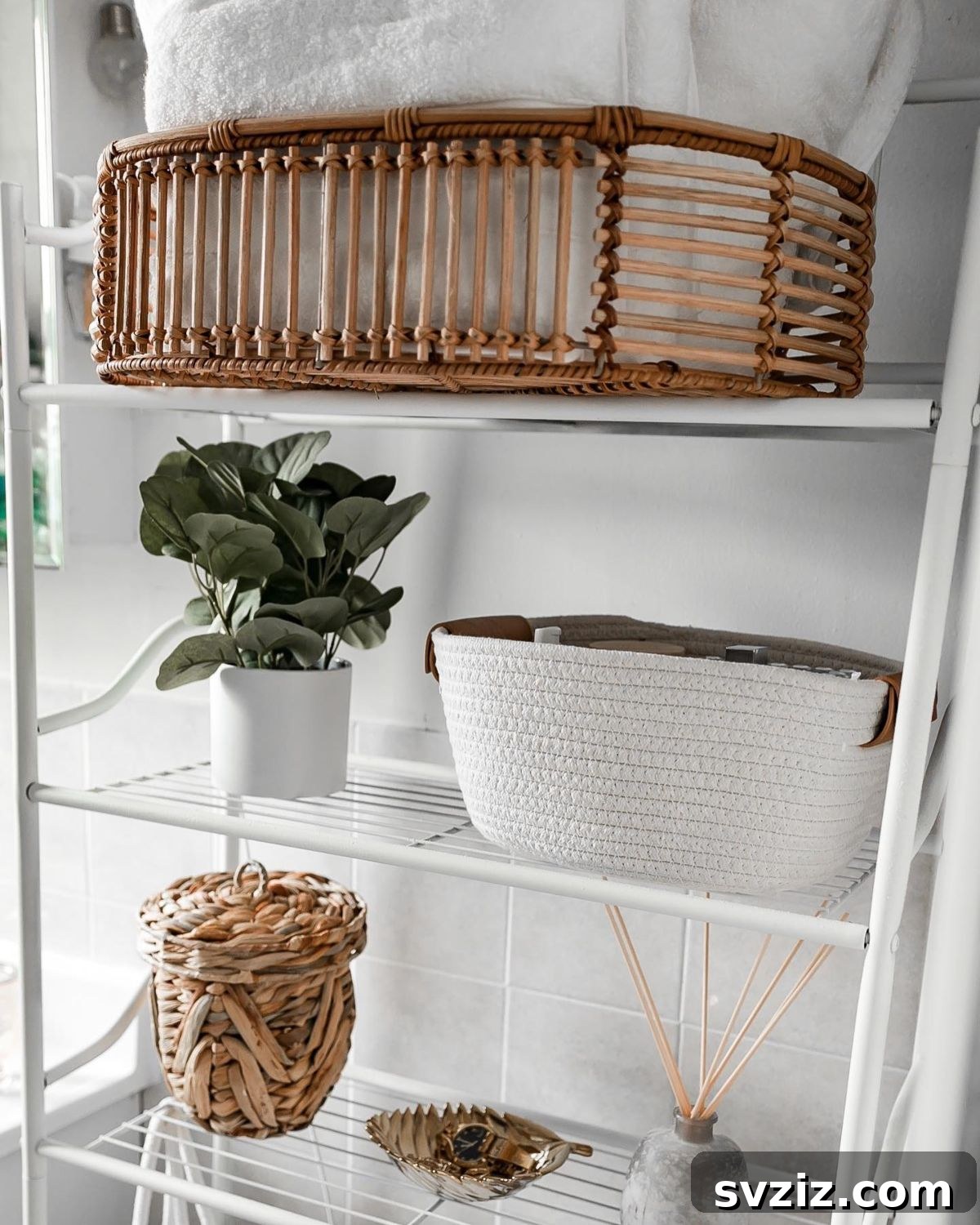 21 Smart Ways to Utilize the Space Above Your Toilet 9 Boho-style bathroom with natural elements and organized storage.