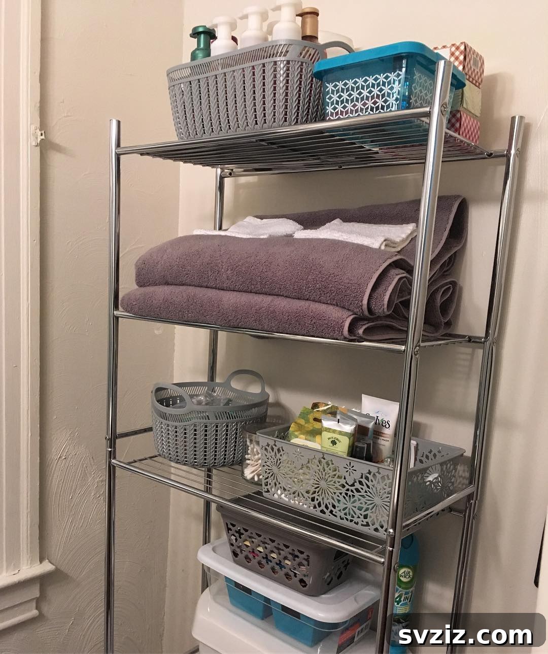 21 Smart Ways to Utilize the Space Above Your Toilet 10 Dollar Tree plastic storage bins organized on a bathroom shelf.