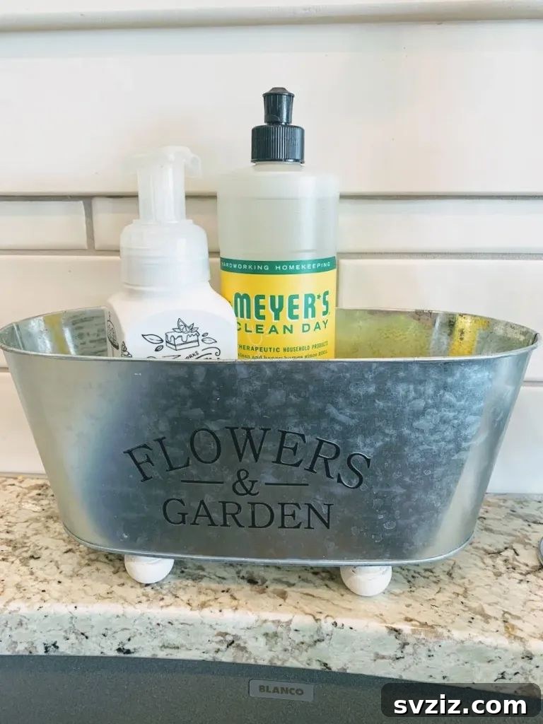 13 Genius Ways to Organize Your Sink Area 4 Handmade wooden farmhouse sink caddy holding sponges and dish soap, adding rustic charm to kitchen sink organization.