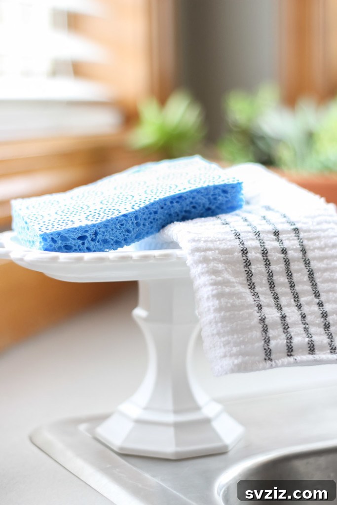 13 Genius Ways to Organize Your Sink Area 6 DIY pedestal sponge holder neatly elevating a sponge next to a kitchen sink, improving hygiene and countertop organization.
