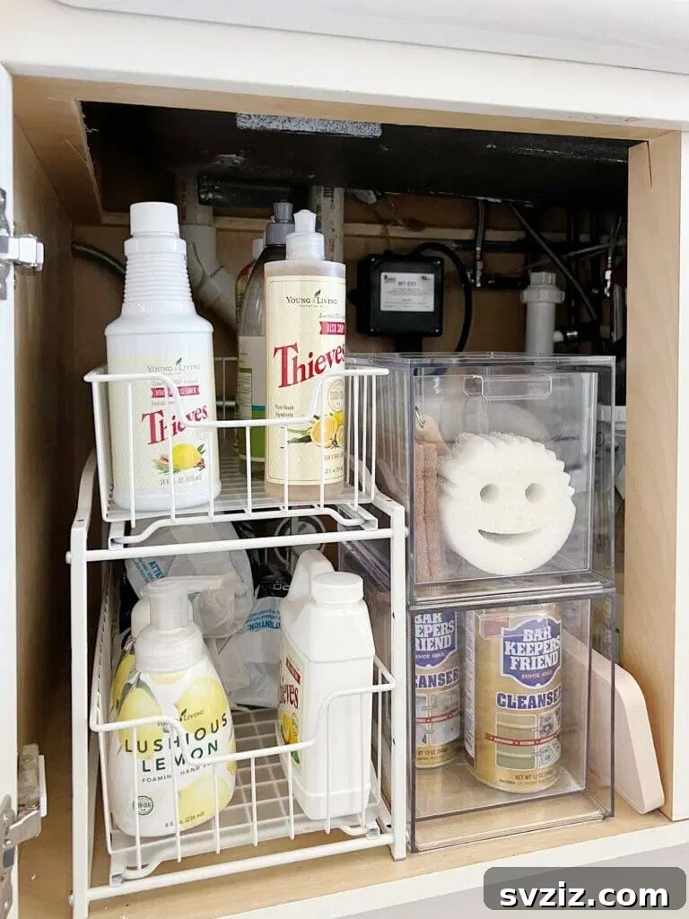 13 Genius Ways to Organize Your Sink Area 9 Clear acrylic containers neatly organizing cleaning supplies under a kitchen sink, showcasing efficient visibility and storage.