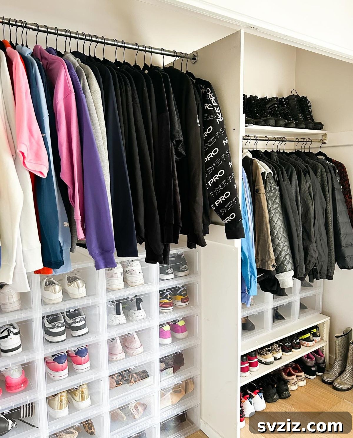 Neatly organized shoes in individual storage boxes