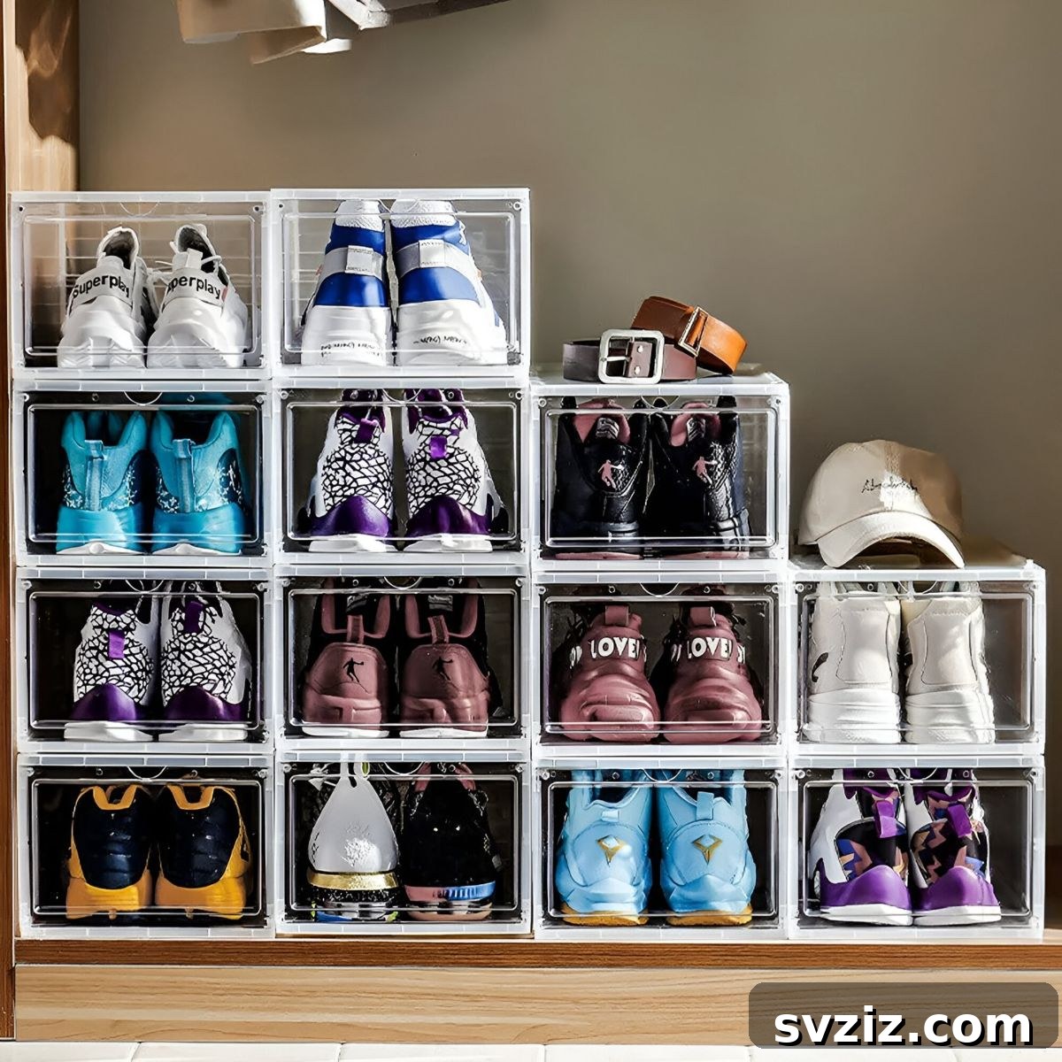 Stackable transparent drop-front shoe boxes