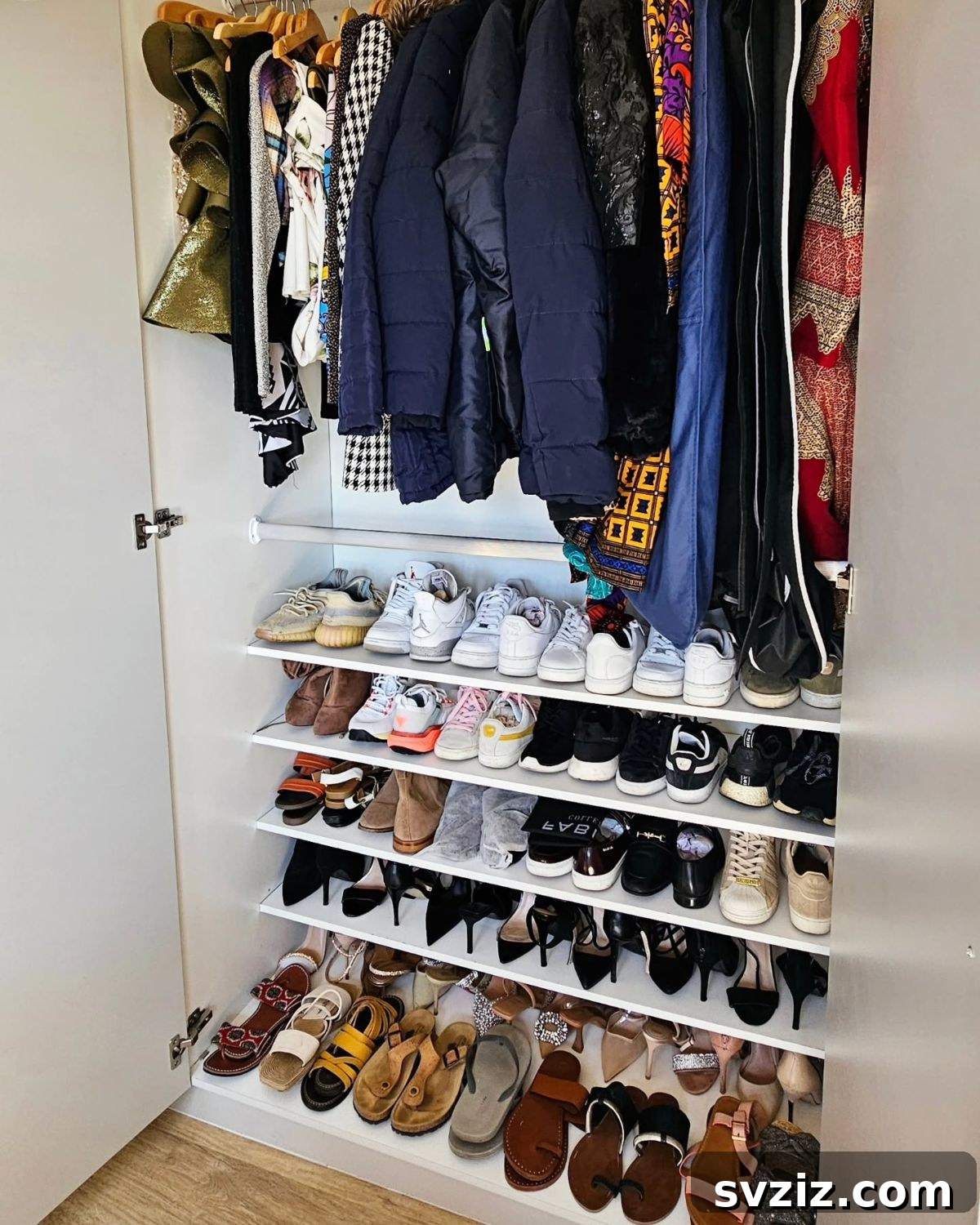 Closet with newly added extra shelving for shoes