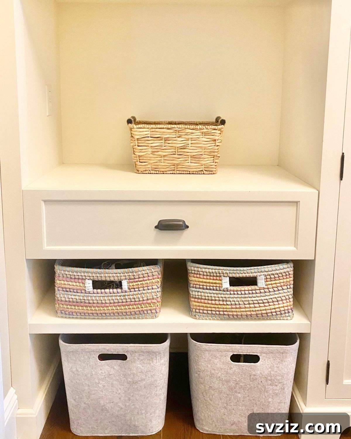 Decorative baskets used for shoe storage in a mudroom