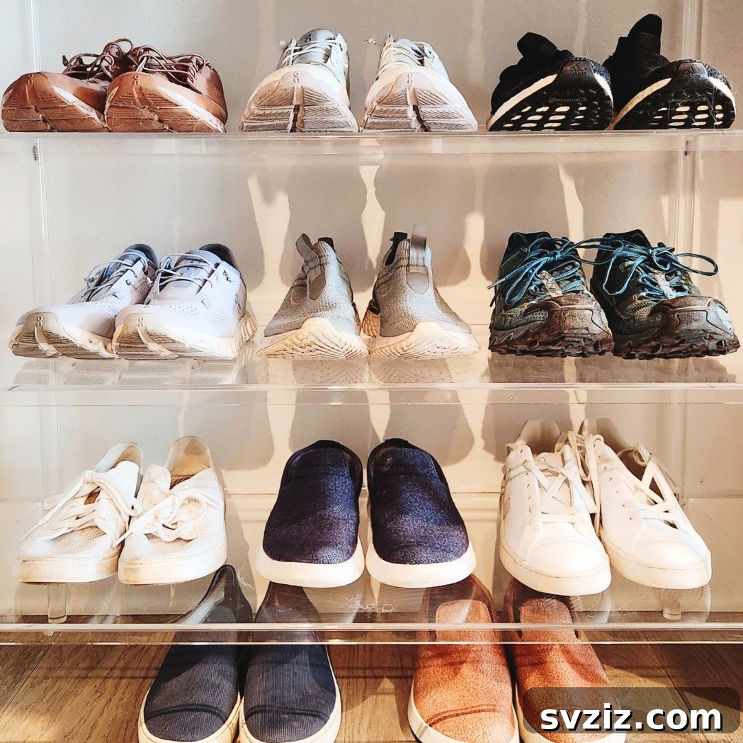 Clear acrylic shoe rack displaying shoes