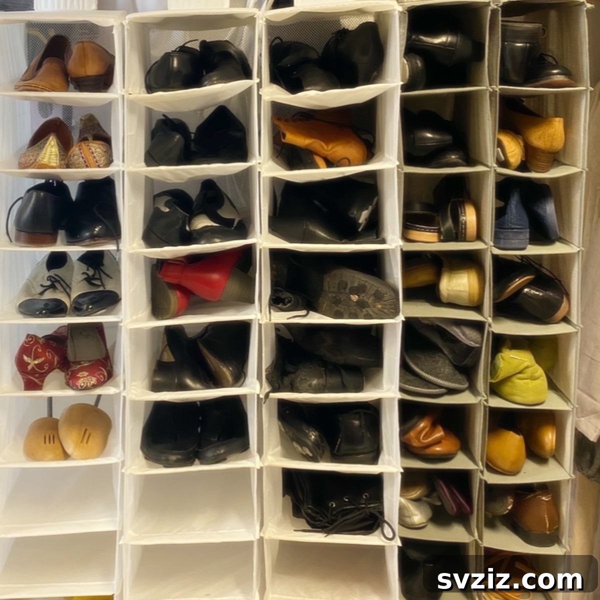 Hanging shoe organizer in a closet