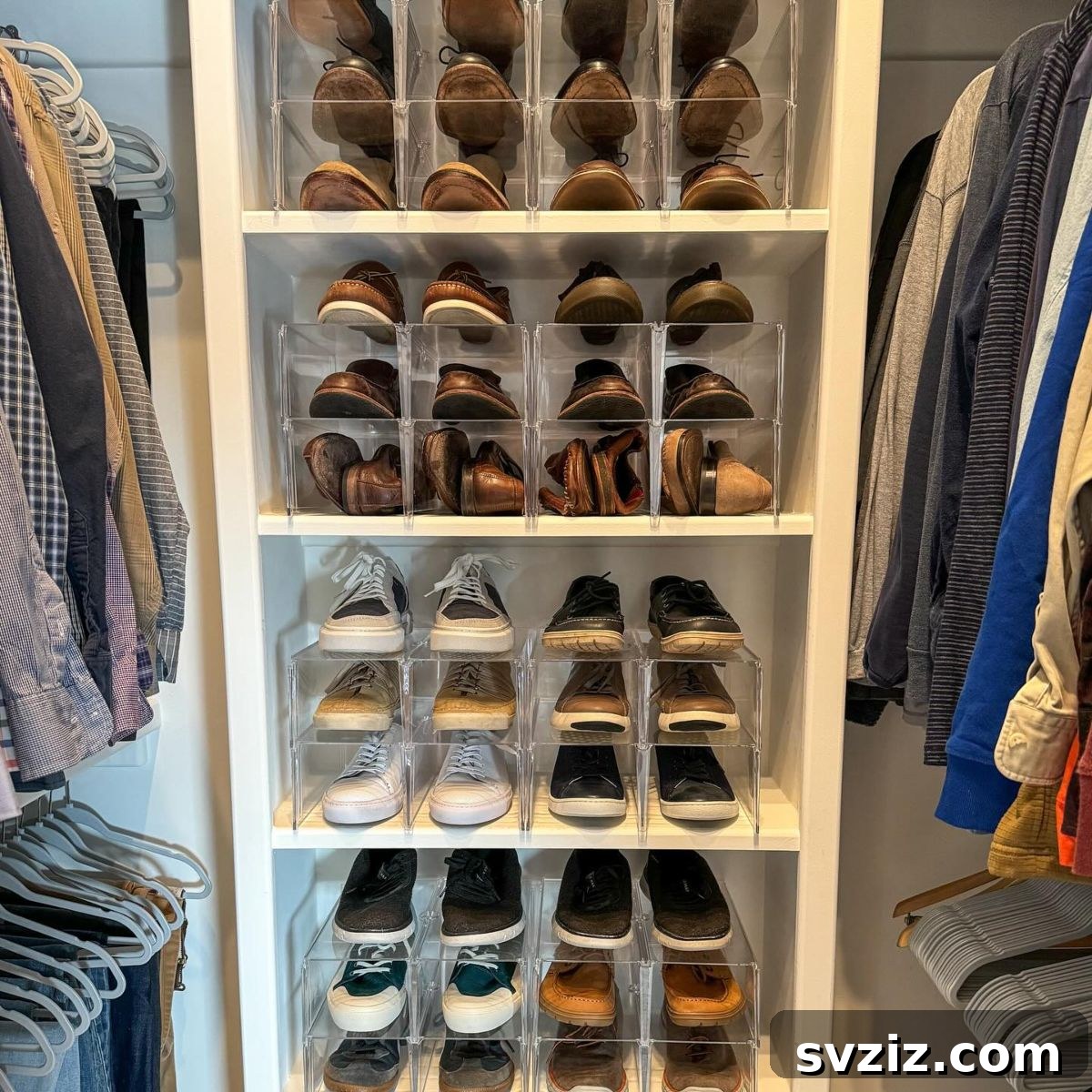 Clear acrylic stacking shoe bins in a closet