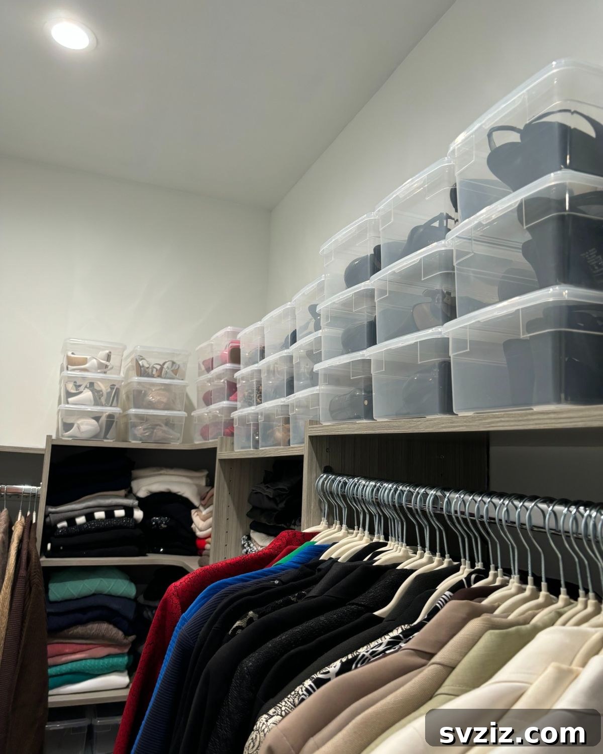 Clear storage bins for shoes on closet shelves