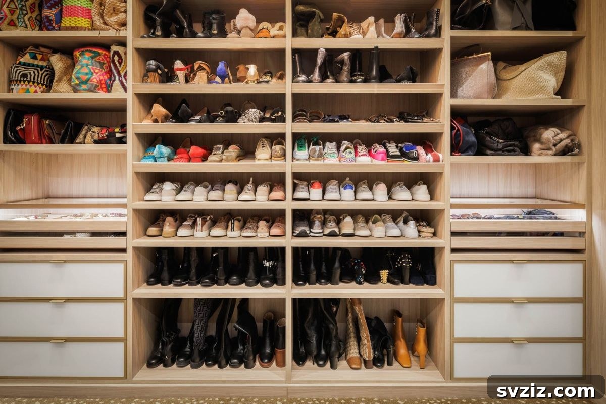 Organized closet with a designated shoe storage section