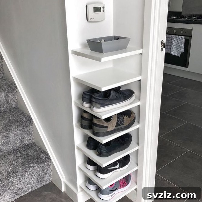 Decorative corner shelves for shoe storage in an entryway
