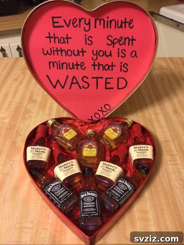 15 Stellar Valentine's Gifts to Spoil Your Man 14 A heart-shaped box filled with mini liquor bottles instead of chocolates, a creative Valentine's gift idea.