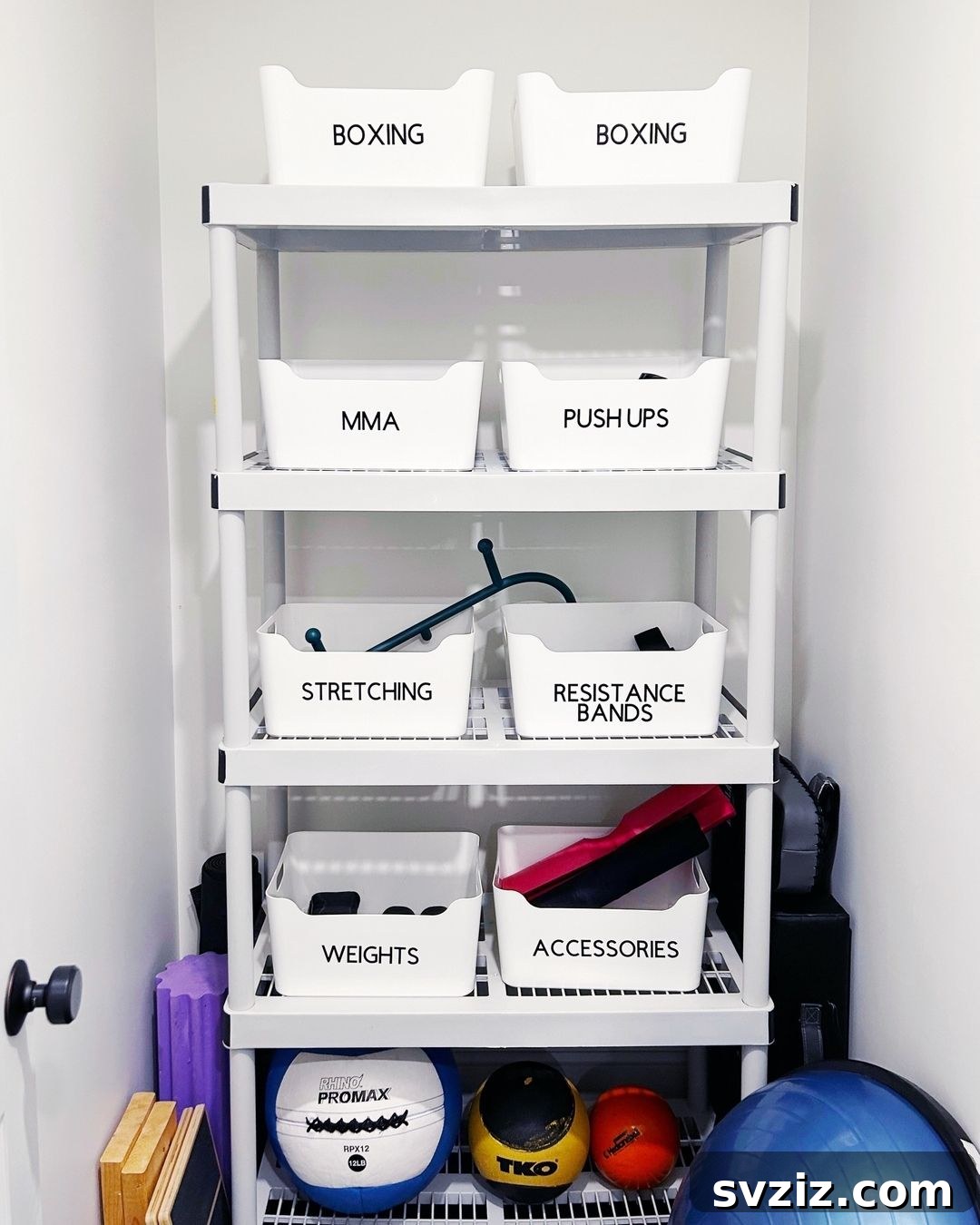 21 Genius Organizing Hacks for Master Organizers 12 Organize home gym equipment into labeled bins on a multi-level shelf to create a motivating, clutter-free workout space.