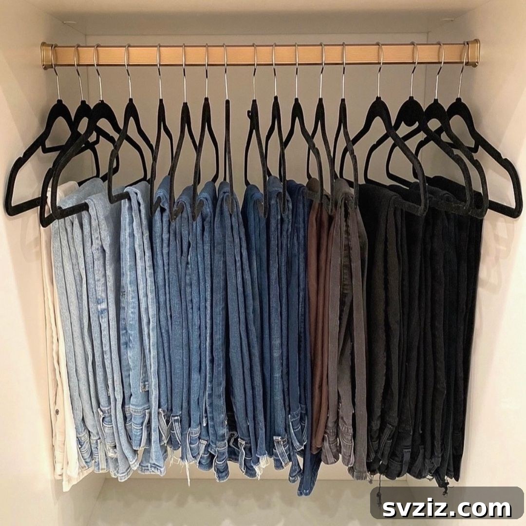21 Genius Organizing Hacks for Master Organizers 15 Hang jeans in an ombre style, from light to dark, to easily find the perfect pair and keep your denim collection organized.