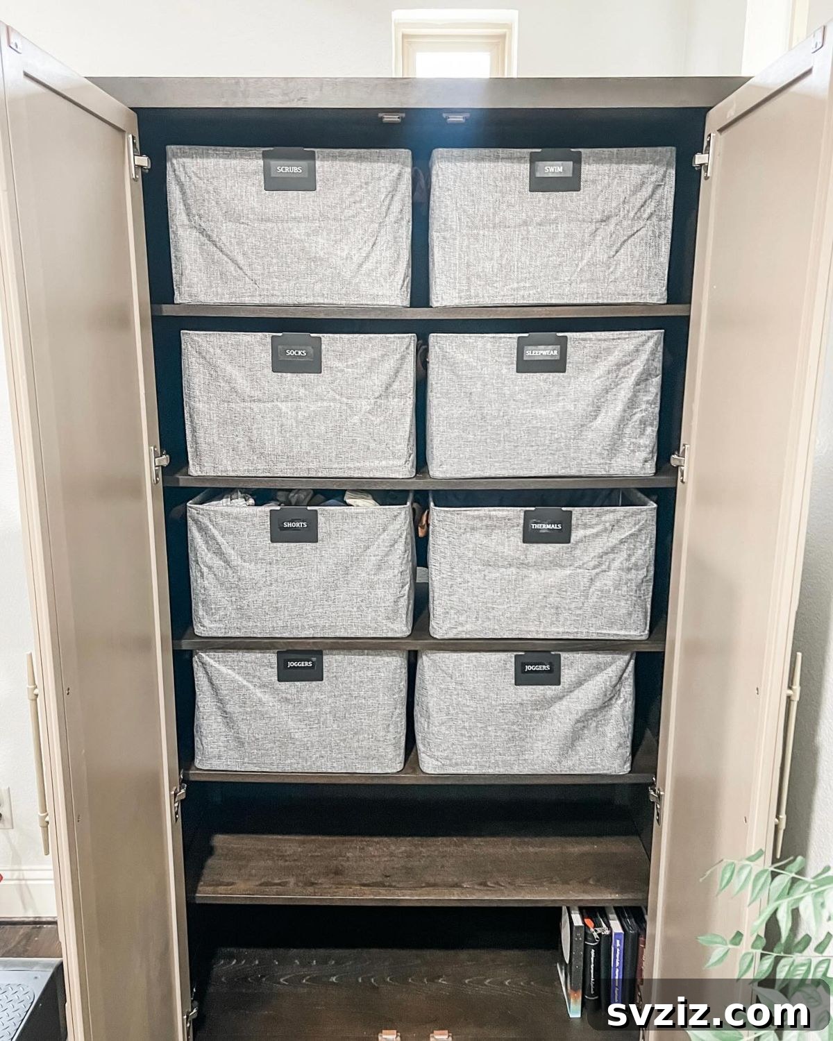 Organized Cabinet with Matching Bins and Labels