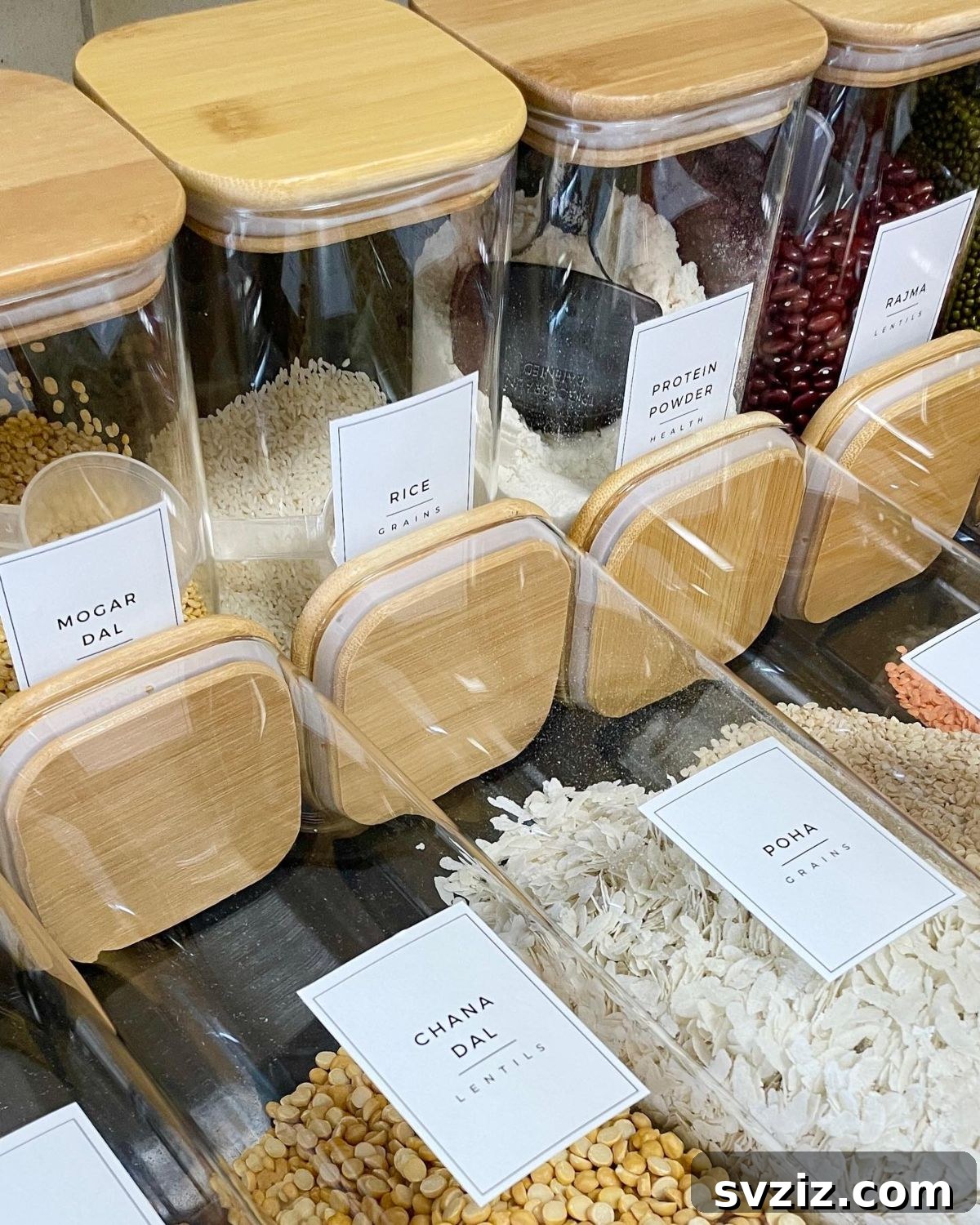 Stylish Pantry with Matching Glass Storage Containers and Bamboo Lids