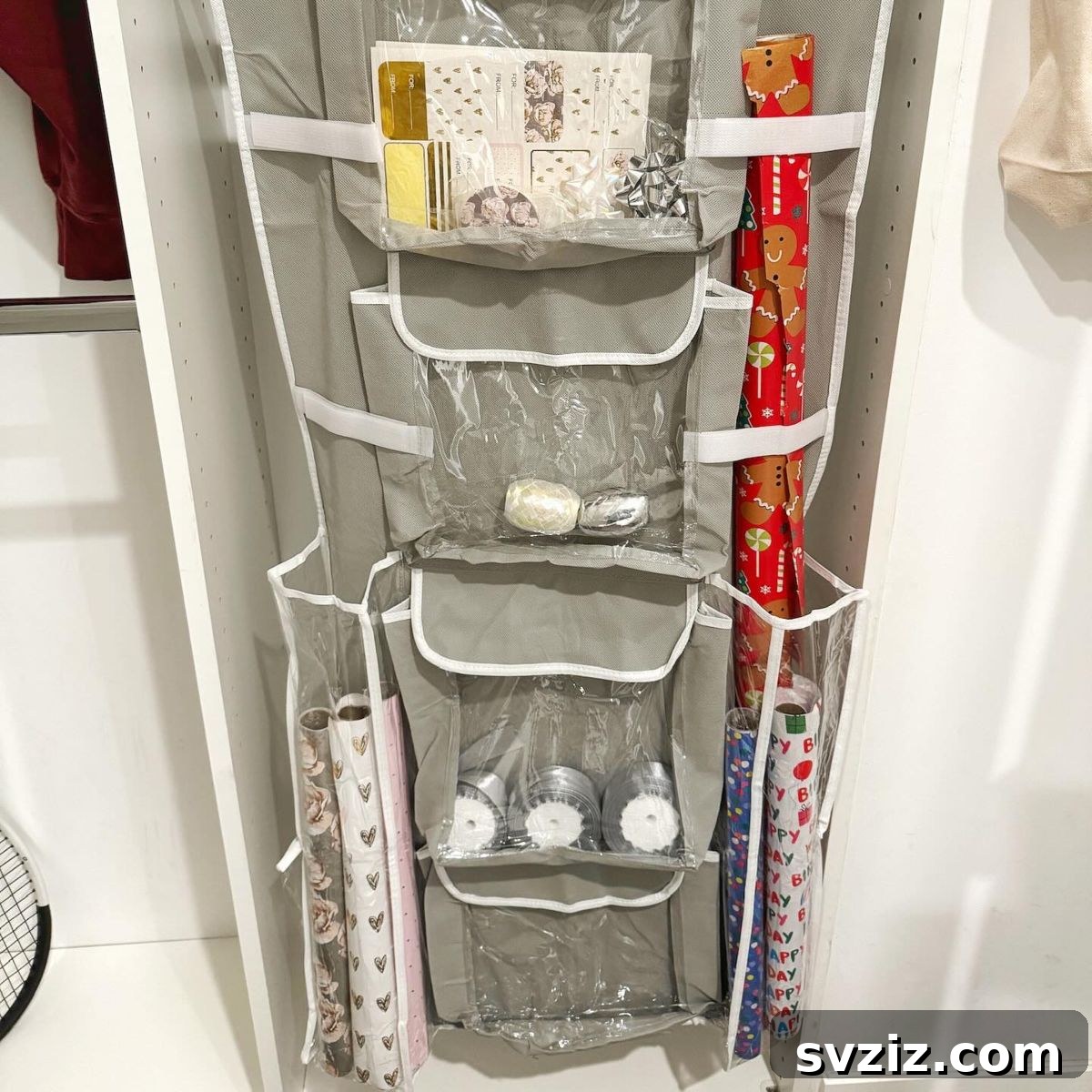Organized gift wrapping station with a hanging caddy