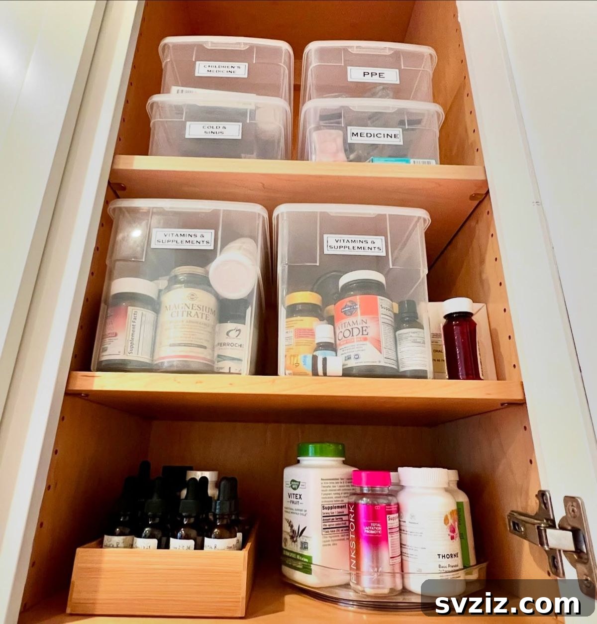 Lazy Susan organizing medicine and first aid supplies