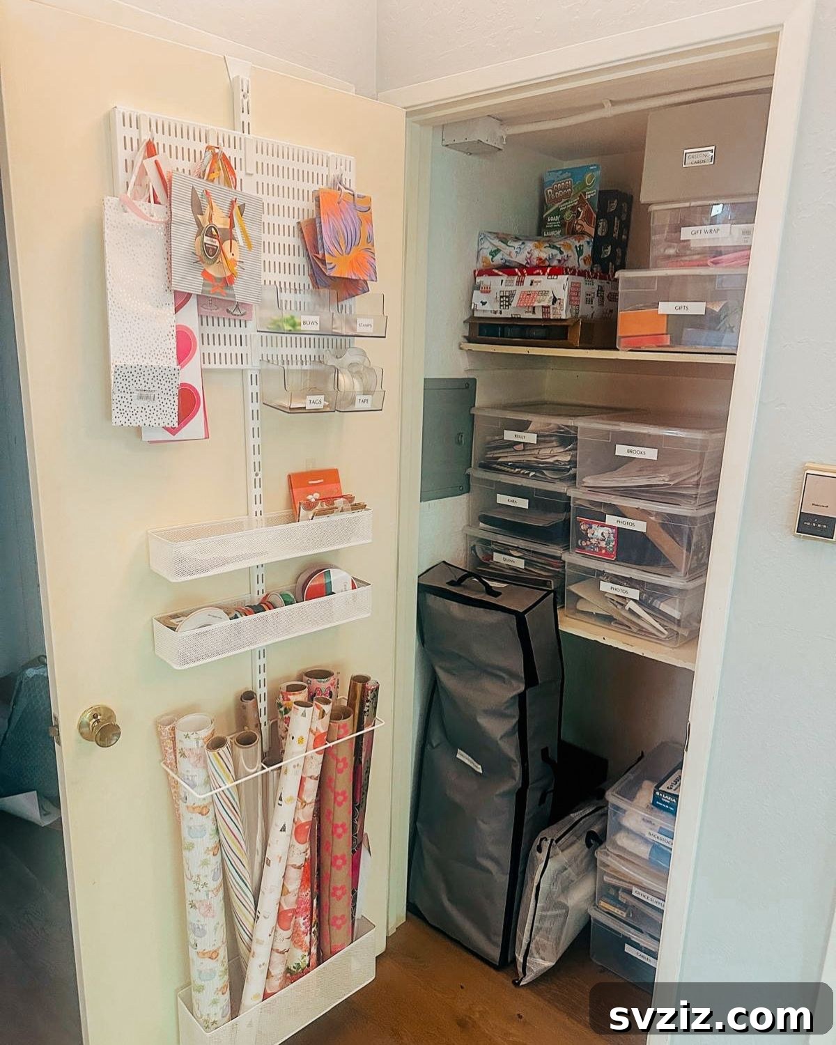 Behind-the-door craft storage for gift wrapping supplies